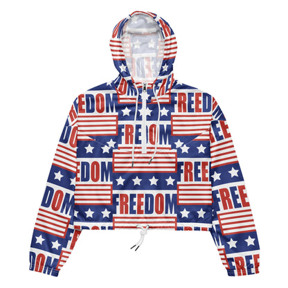 Good Wishes 365 women's cropped windbreaker with red, white, and blue USA flag and Freedom print, half-zip and hood.