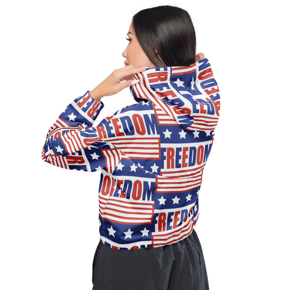 Good Wishes 365 women's cropped windbreaker with USA flag and FREEDOM print, featuring a hood and back view.