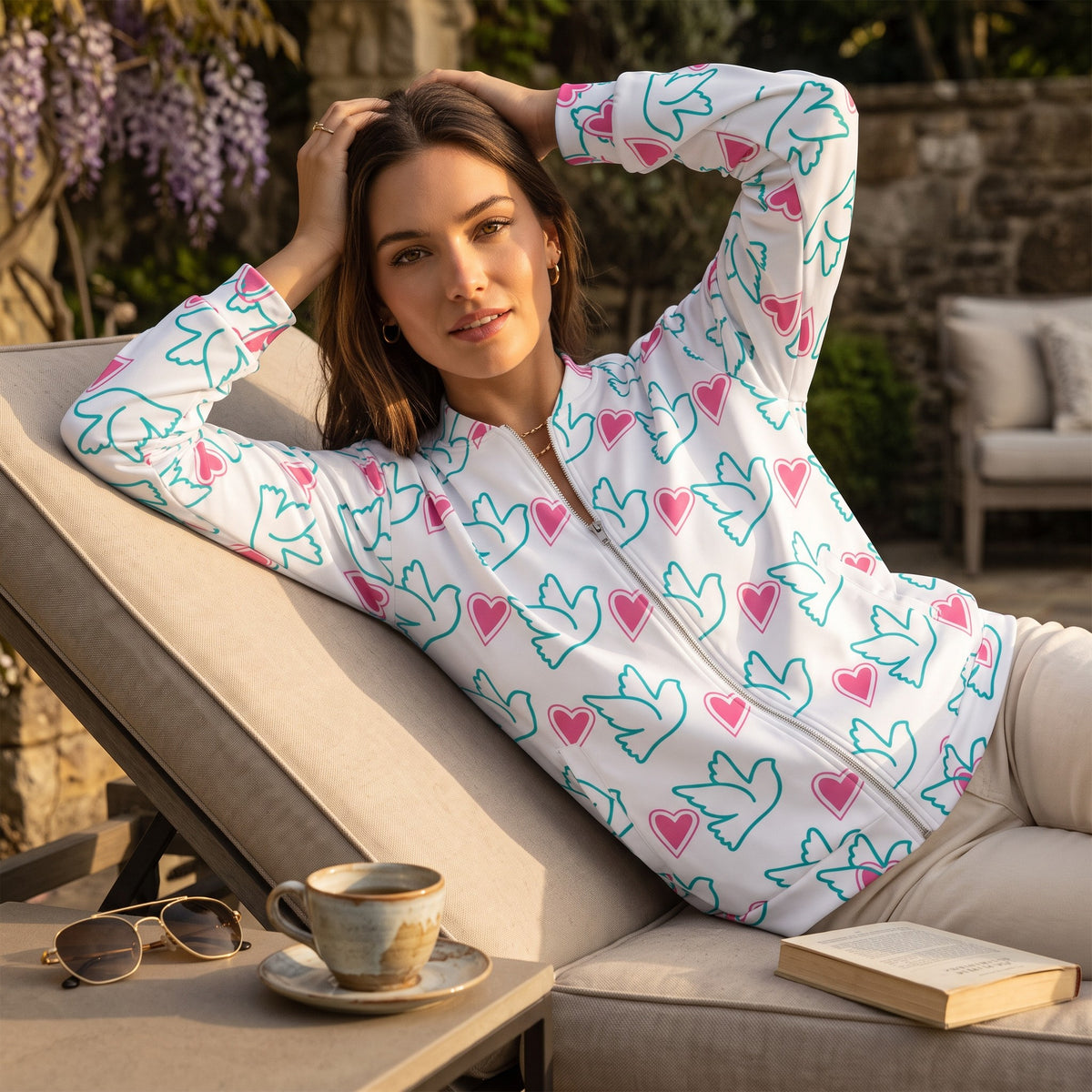 Woman wearing a Good Wishes 365 white bomber jacket with a pink heart and teal dove all-over print while lounging.