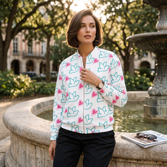 Good Wishes 365 white bomber jacket with pink hearts and blue doves print worn by a woman near a stone fountain.