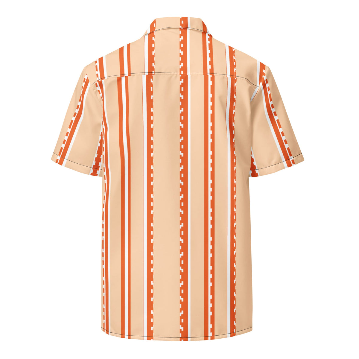 Good Wishes 365 retro pastel peach short sleeve button shirt with vertical stripes, back view.