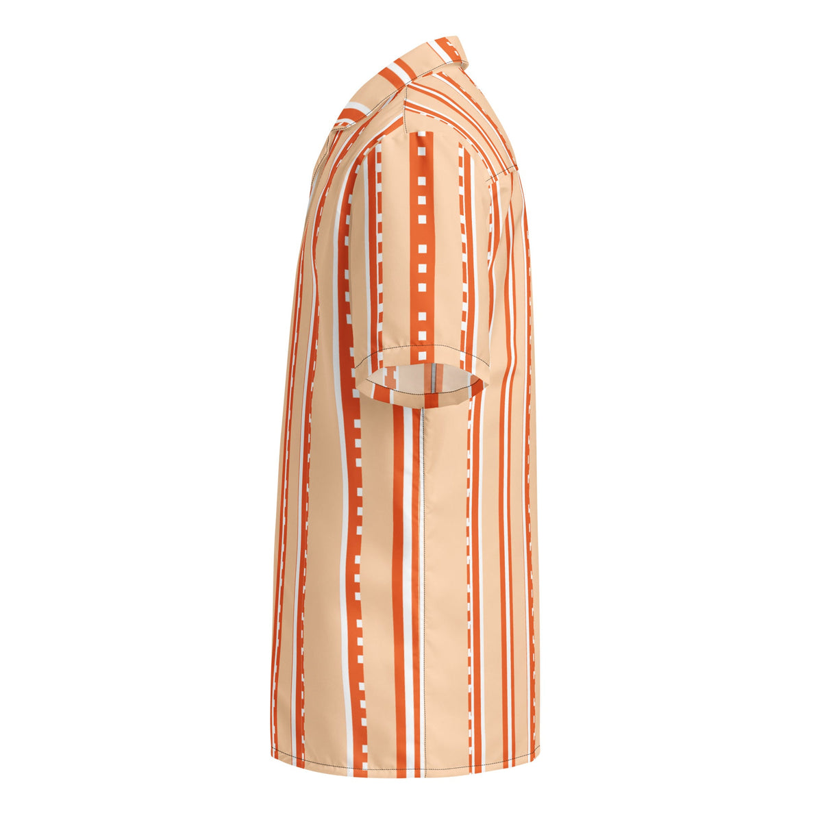 Good Wishes 365 retro pastel peach short sleeve button shirt with vertical stripes in a side profile view.