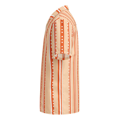Good Wishes 365 retro pastel peach short sleeve button shirt with vertical stripes in a side profile view.