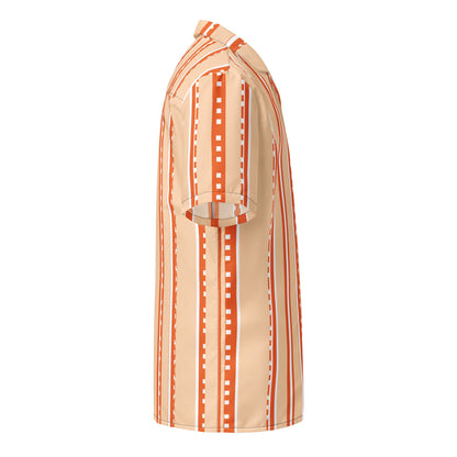 Good Wishes 365 women's retro pastel peach short sleeve button shirt with vertical stripes in a side profile view.