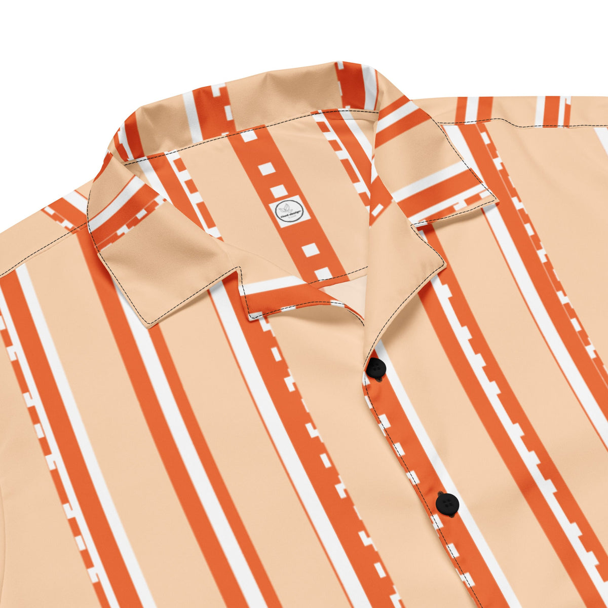 Good Wishes 365 retro pastel peach short sleeve button shirt with white and orange vertical stripes and camp collar.