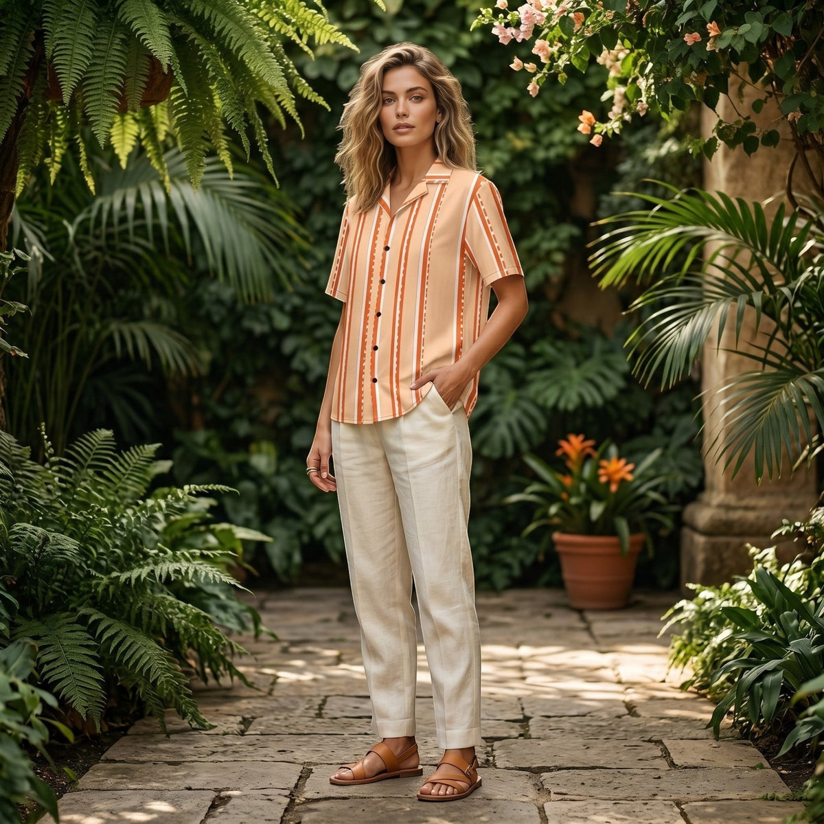 Good Wishes 365 retro pastel peach striped short sleeve button shirt worn by a woman in a lush garden setting.