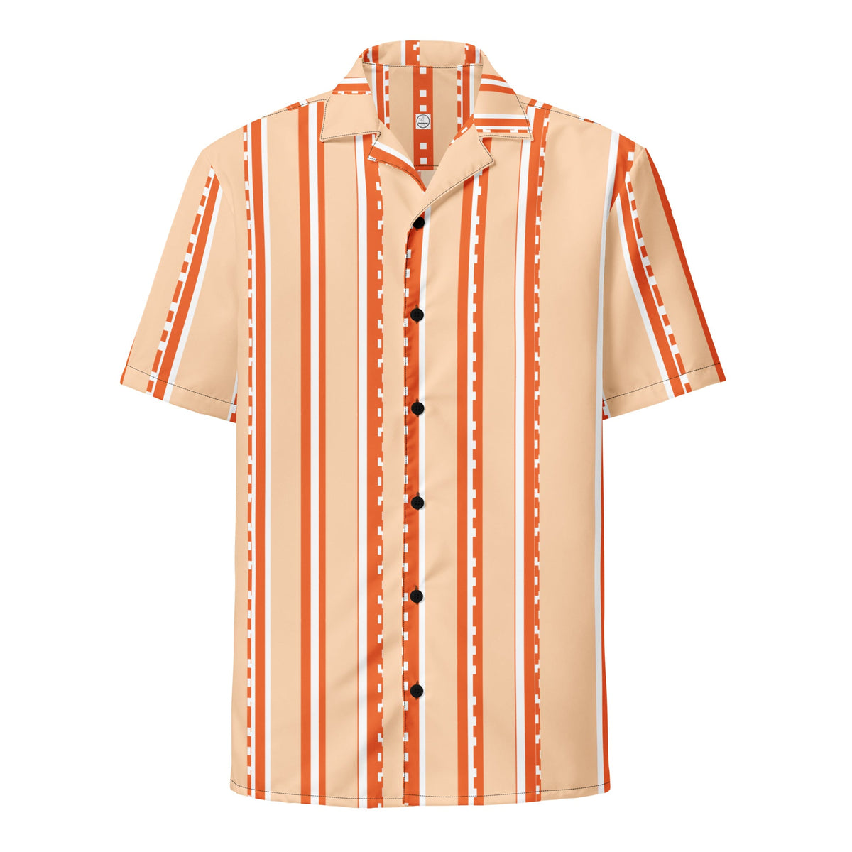 Good Wishes 365 women's retro pastel peach short sleeve button-down shirt with vertical orange and white stripes.