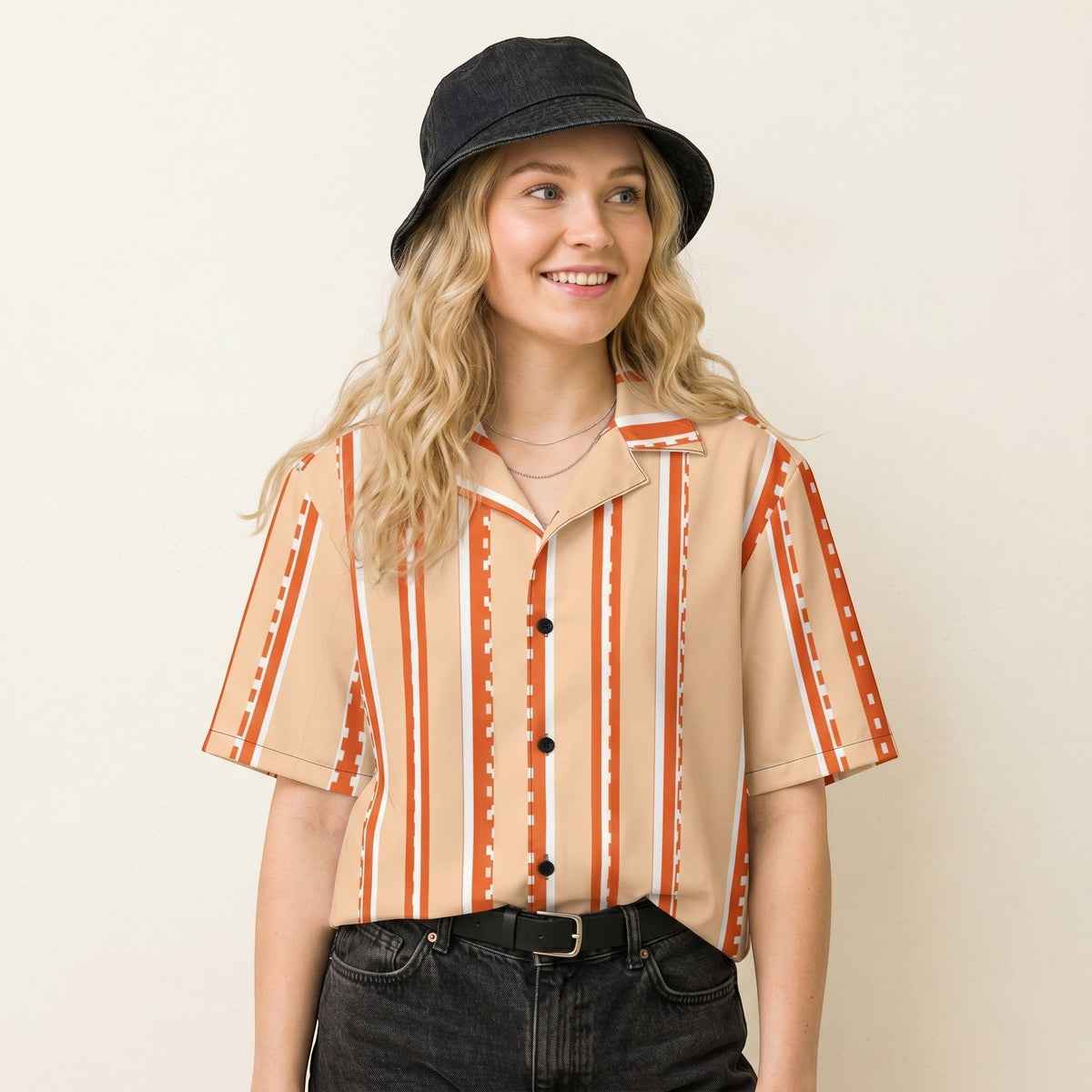 Good Wishes 365 retro pastel peach striped short sleeve button shirt with a camp collar worn by a blonde model.