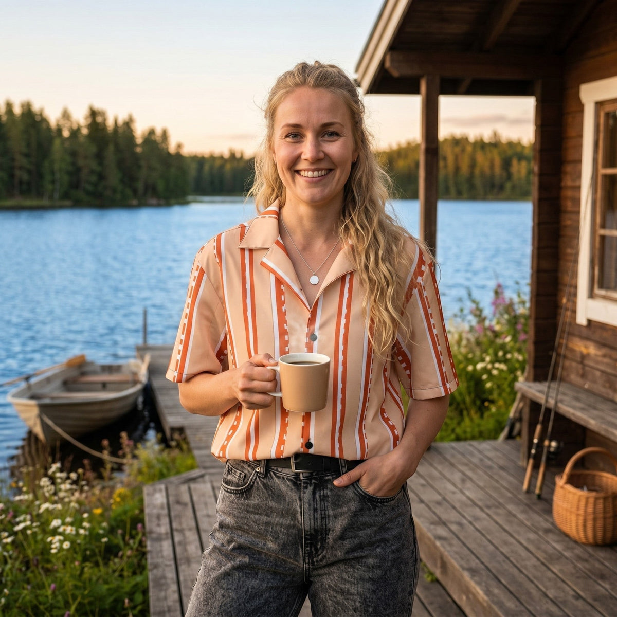 Good Wishes 365 woman wearing a retro pastel peach striped short sleeve button shirt by a lakeside cabin.