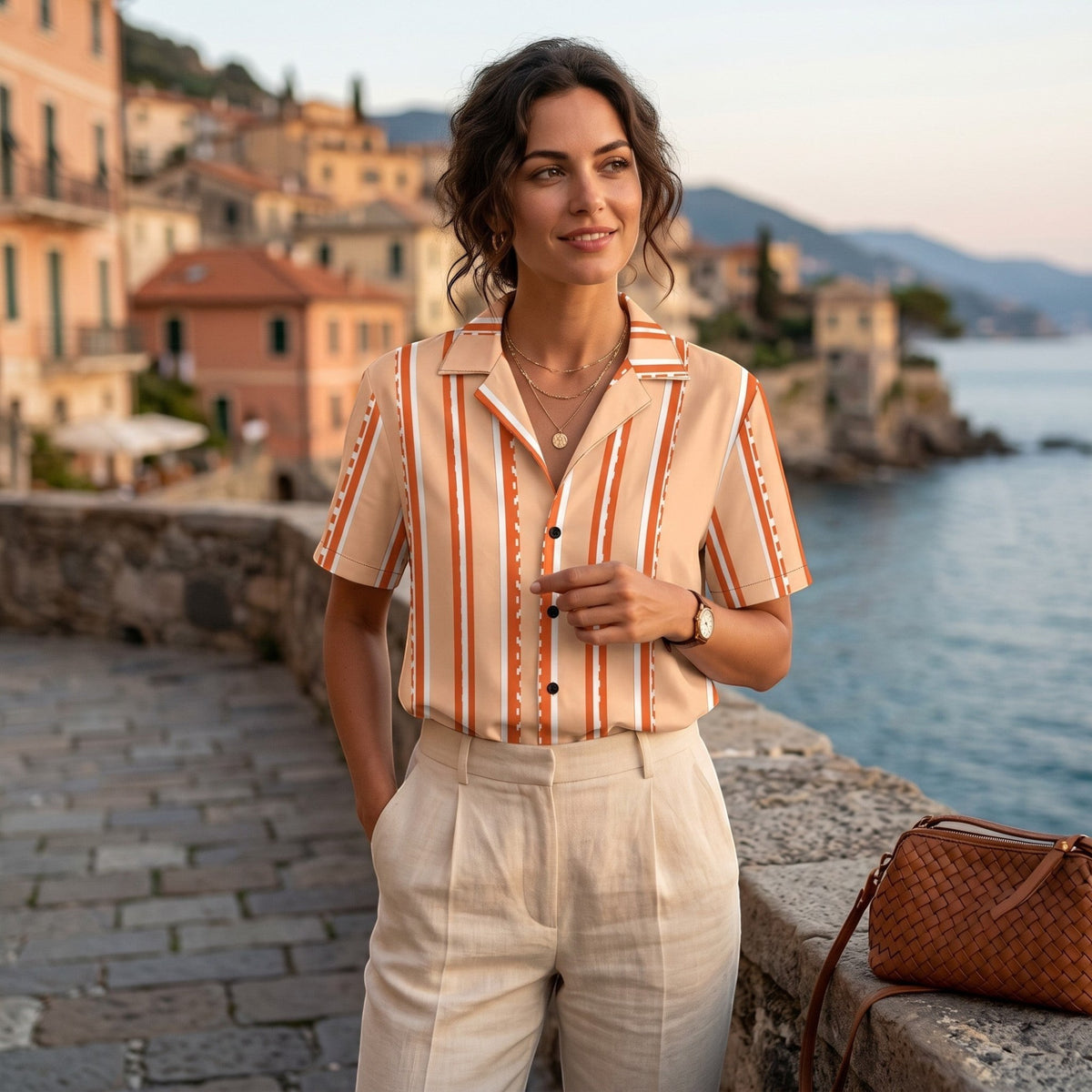 Good Wishes 365 retro pastel peach striped short sleeve button shirt with camp collar worn by a woman by the sea.