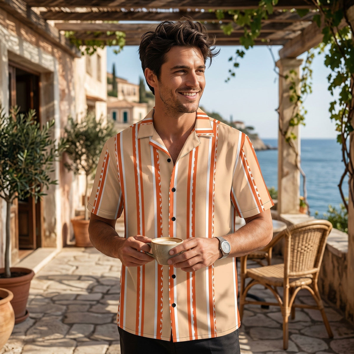Good Wishes 365 retro pastel peach striped short sleeve button shirt with a camp collar worn by a man on a terrace.