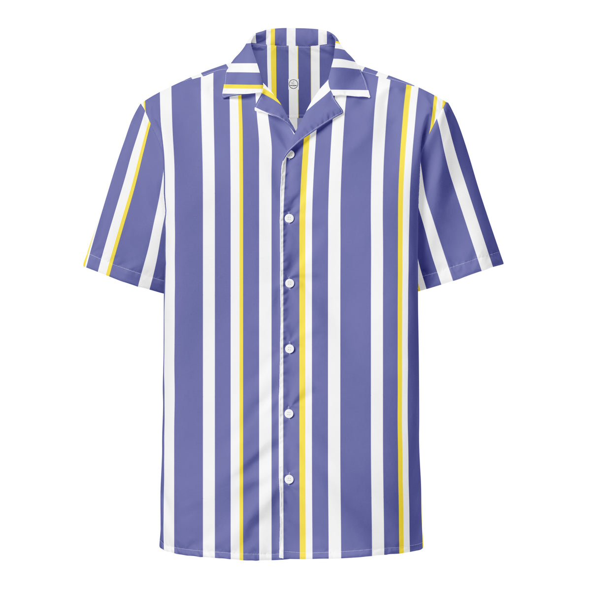 Good Wishes 365 men's short sleeve button-down shirt in periwinkle, white, and yellow vertical stripes with a camp collar.