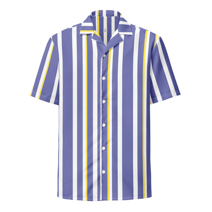 Good Wishes 365 men's short sleeve button-down shirt in periwinkle, white, and yellow vertical stripes with a camp collar.