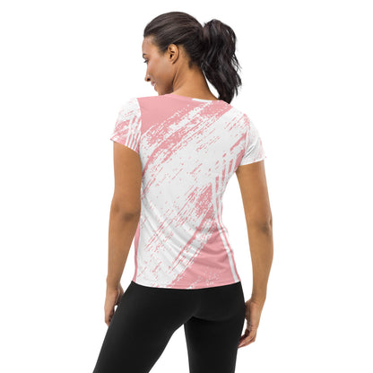 Good Wishes 365 women's athletic t-shirt with pink and white abstract stripe pattern, back view on a model