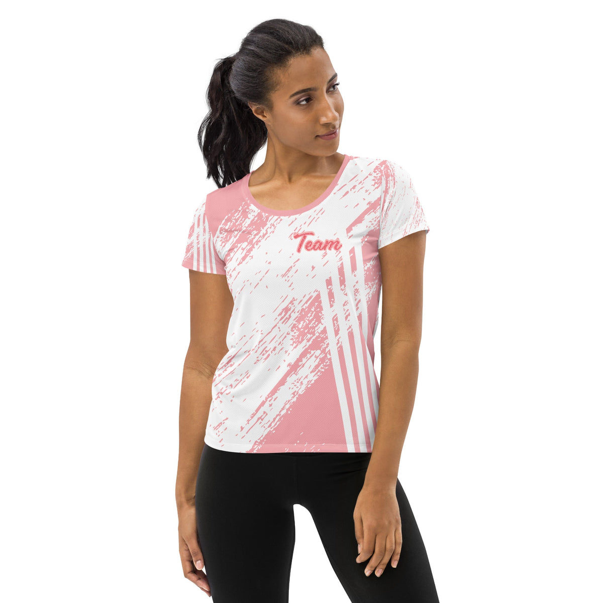 Good Wishes 365 women's athletic t-shirt in pink and white with abstract stripes and Team graphic on breathable fabric