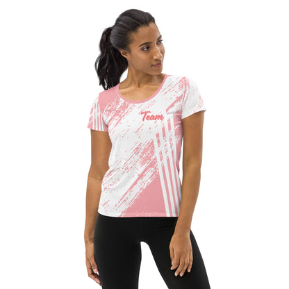 Good Wishes 365 women's athletic t-shirt in pink and white with abstract stripes and Team graphic on breathable fabric