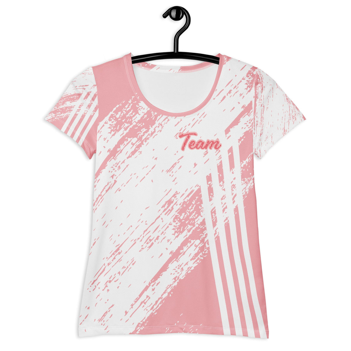Good Wishes 365 women's athletic t-shirt in pink and white with an abstract stripe pattern and Team graphic.