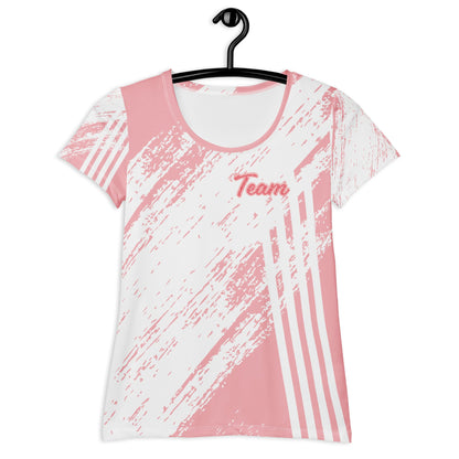 Good Wishes 365 women's athletic t-shirt in pink and white with an abstract stripe pattern and Team graphic.