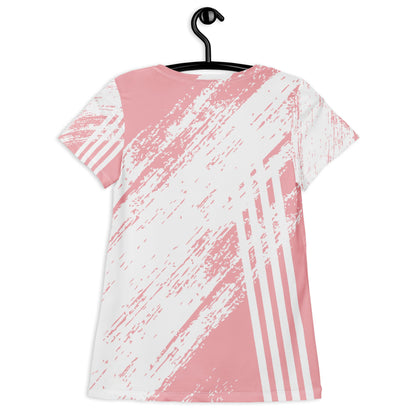 Good Wishes 365 women's athletic t-shirt in pink and white with a modern abstract stripe print, back view.