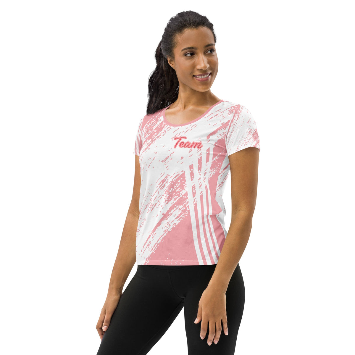 Good Wishes 365 women's pink and white abstract stripe athletic t-shirt with Team graphic on a model