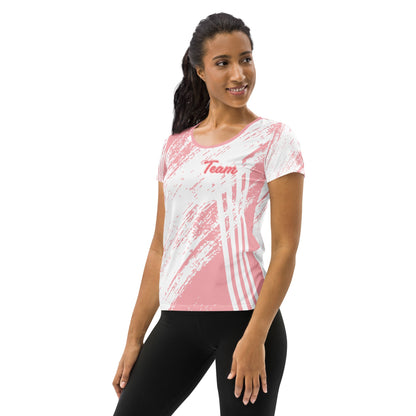 Good Wishes 365 women's pink and white abstract stripe athletic t-shirt with Team graphic on a model