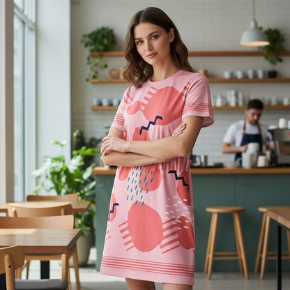 Good Wishes 365 pink t-shirt dress with abstract coral shapes, dashes, and zig-zag lines. Oversize fit.