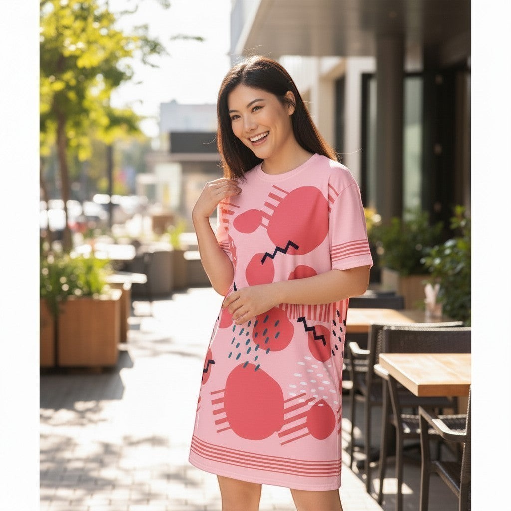 Good Wishes 365 pink t-shirt dress with abstract red and blue shapes and lines, dropped shoulders, and oversized fit.