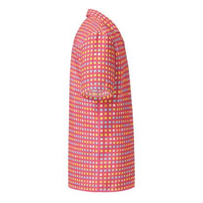 Good Wishes 365 women's pink checkered short-sleeve button-down shirt with UPF 50+ sun protection, side view.