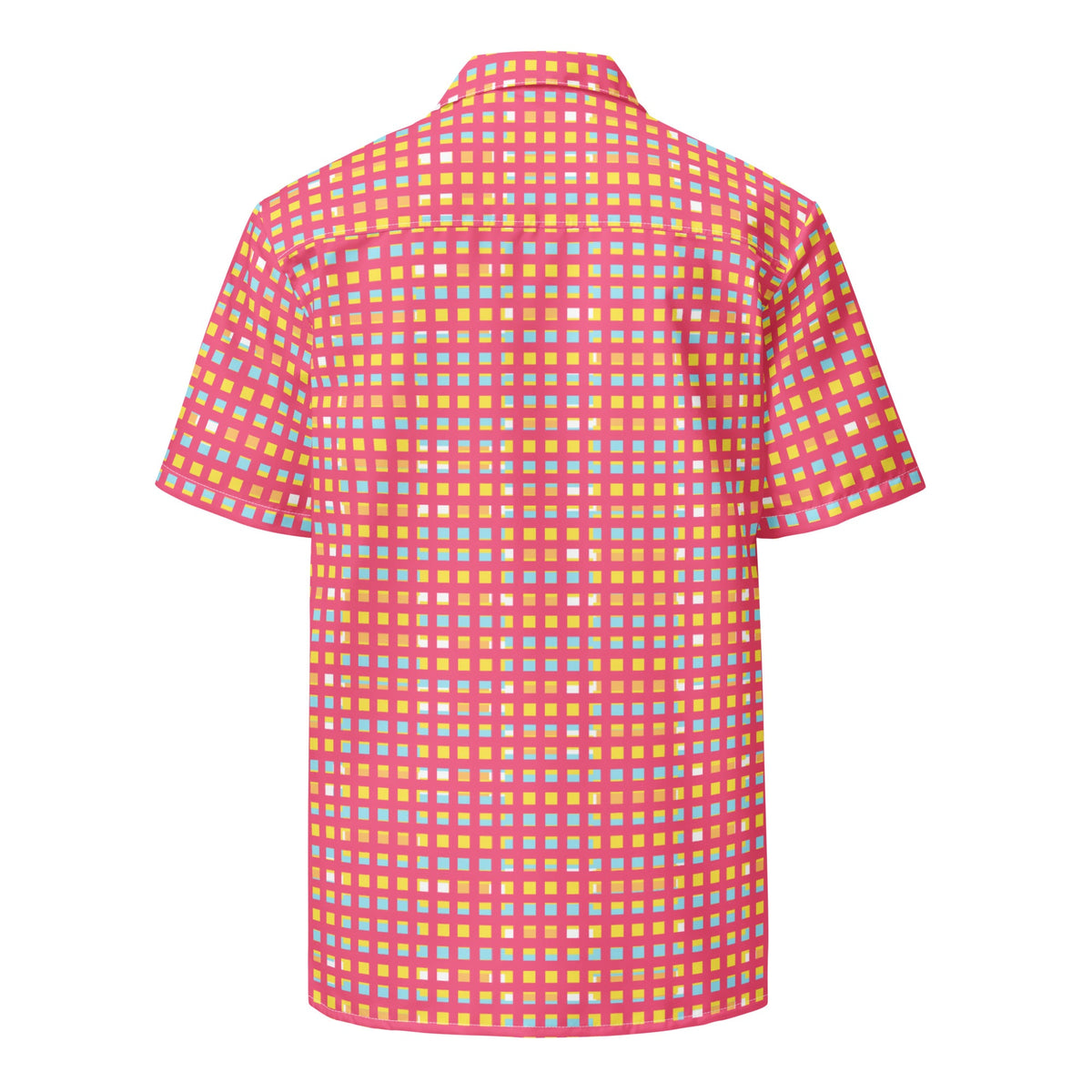 Good Wishes 365 women's short-sleeve button-up shirt with UPF 50+ sun protection, back view. Shown in a vibrant pink, orange, yellow, and blue checkered pattern on white background.