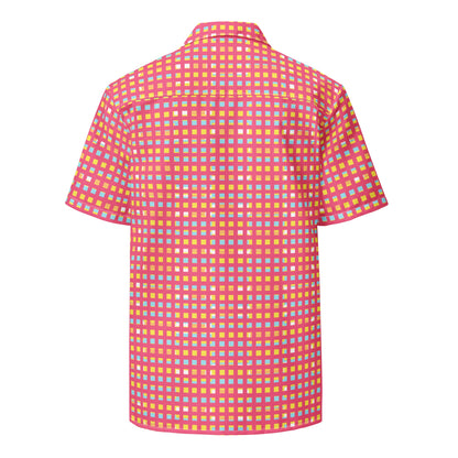Good Wishes 365 women's short-sleeve button-up shirt with UPF 50+ sun protection, back view. Shown in a vibrant pink, orange, yellow, and blue checkered pattern on white background.