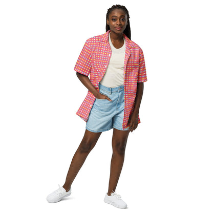 Good Wishes 365 pink checkered short-sleeve button-down shirt with UPF 50+ protection worn by a model with denim shorts.