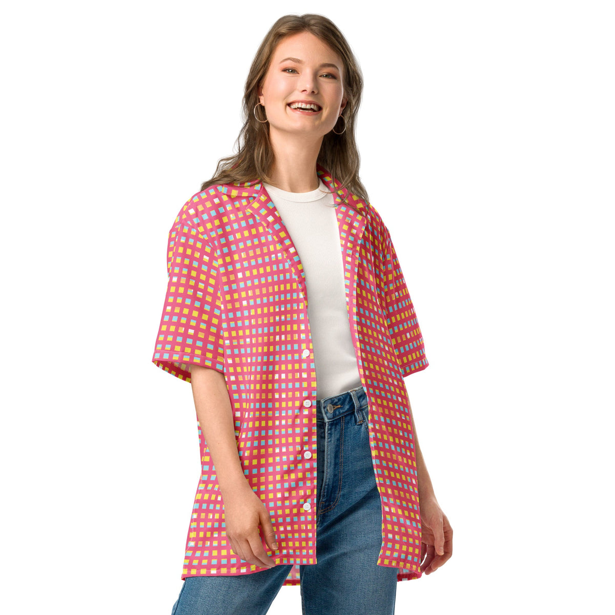 Good Wishes 365 women's pink checkered UPF 50+ button-down shirt worn over a white top with blue jeans.