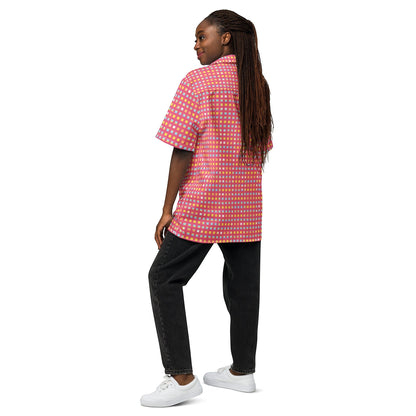 Good Wishes 365 women's pink checkered short-sleeve button-down shirt with UPF 50+ protection worn by a model.