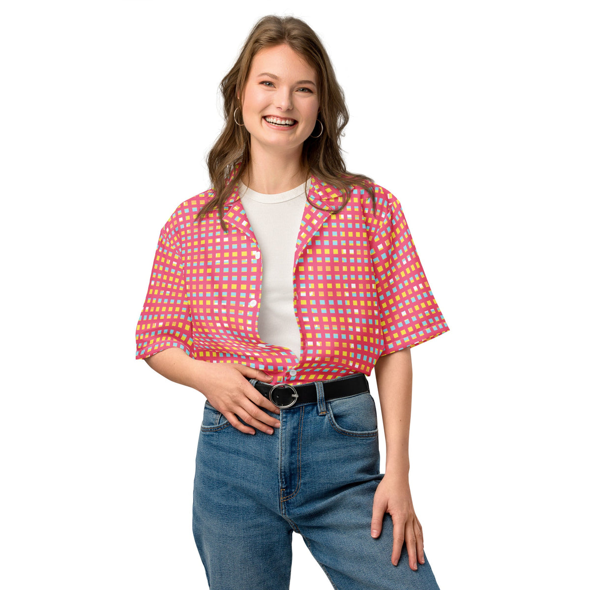 Good Wishes 365 women's pink checkered UPF 50+ button shirt worn by a smiling woman with jeans and a white tee