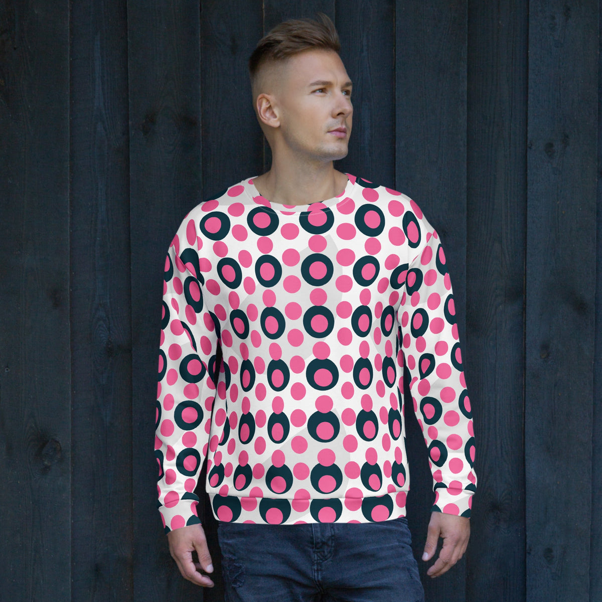 Good Wishes 365 unisex sweatshirt featuring a vibrant rose pink and charcoal polka dot print on a cream background.