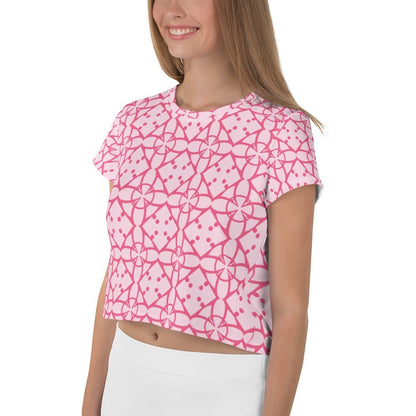 Good Wishes 365 pink and blush geometric print short sleeve crew neck crop tee worn by a smiling woman