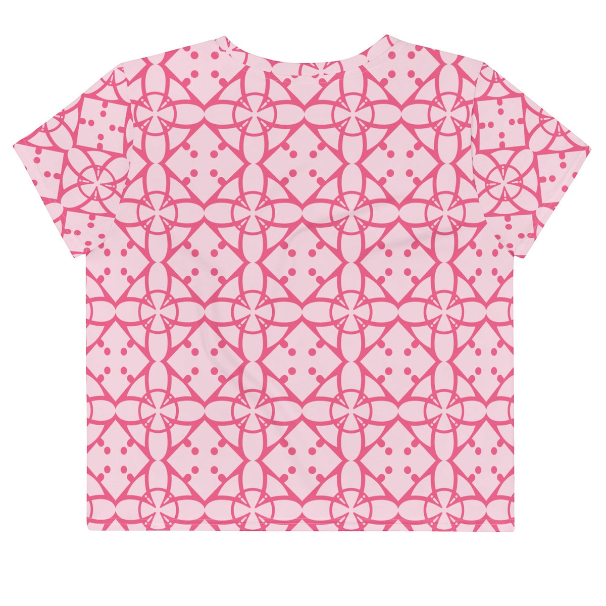 Good Wishes 365 pink and blush geometric patterned short sleeve crop tee with a crew neck