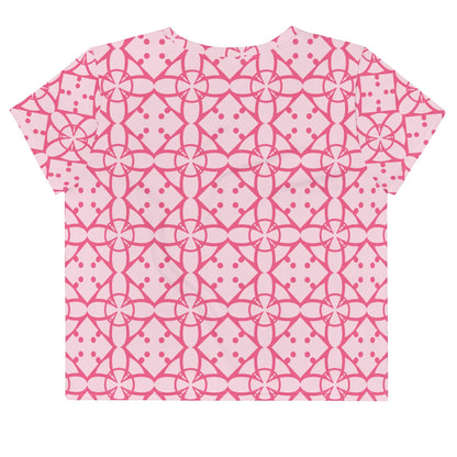 Good Wishes 365 pink and blush geometric patterned short sleeve crop tee with a crew neck