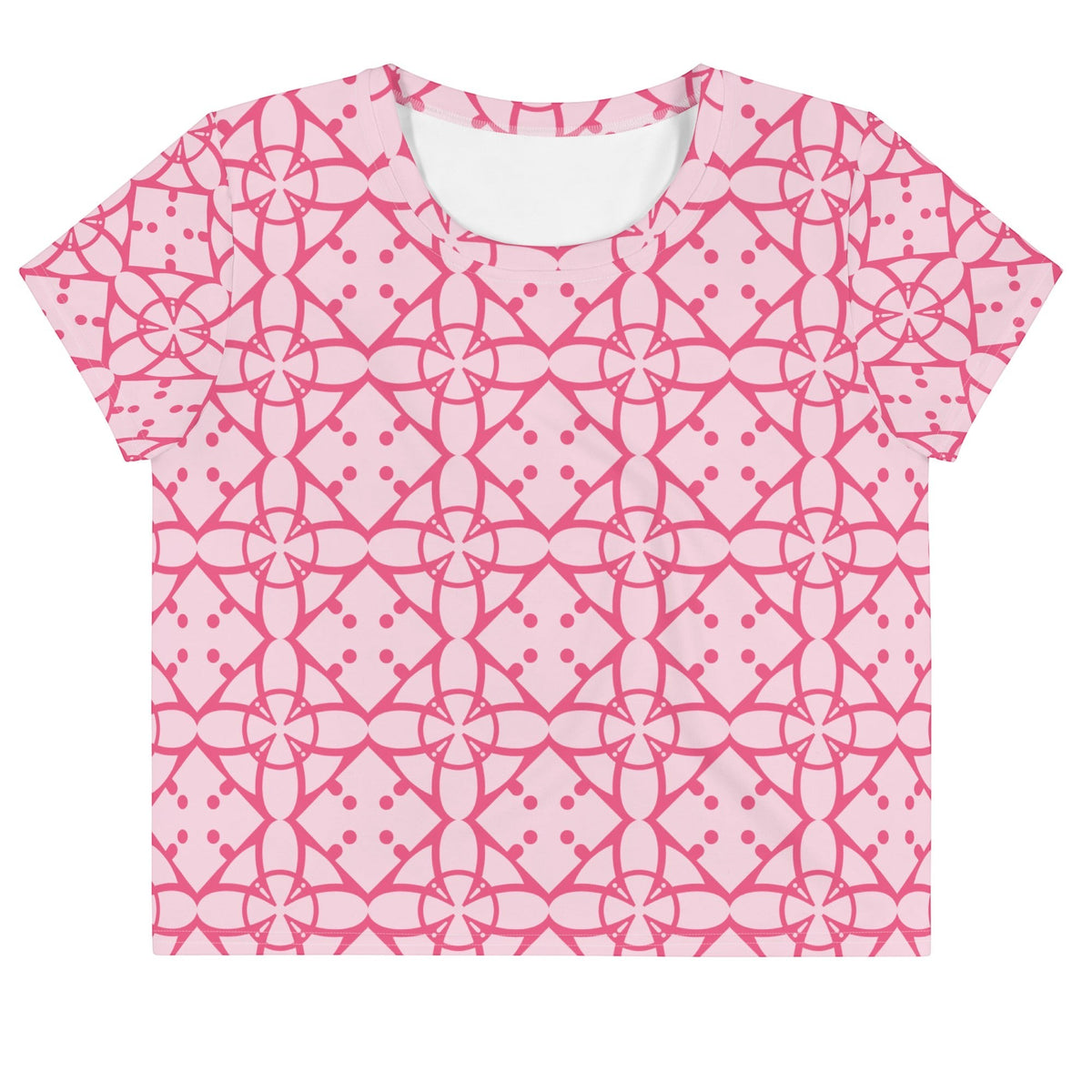 Good Wishes 365 pink and blush geometric print short sleeve crew neck cropped t-shirt in soft breathable fabric.