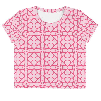 Good Wishes 365 pink and blush geometric print short sleeve crew neck cropped t-shirt in soft breathable fabric.