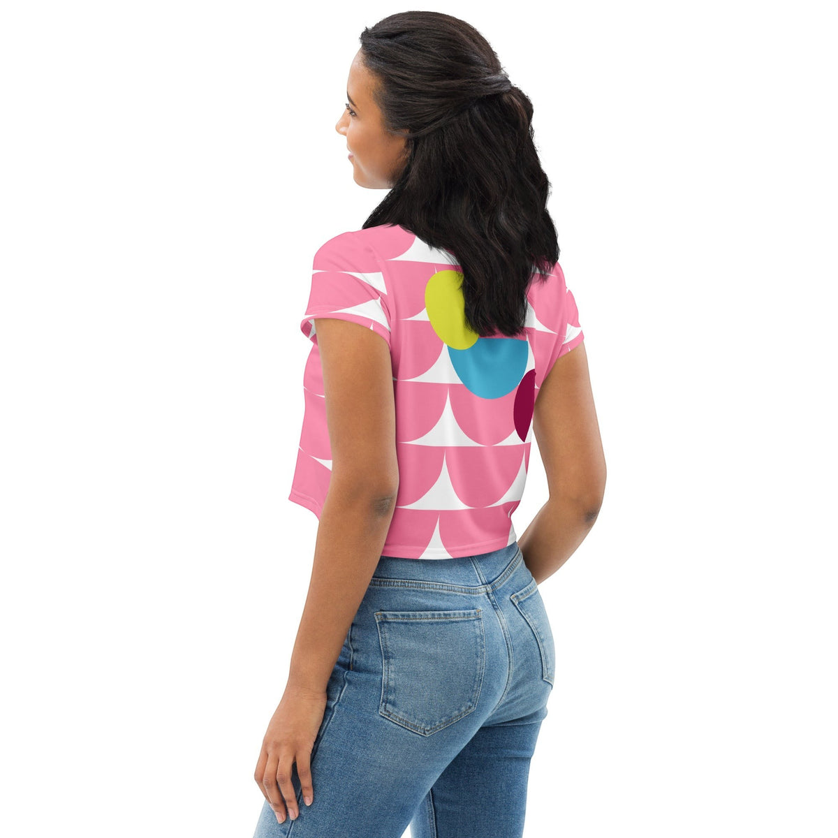 Good Wishes 365 pink crop tee with geometric mushroom pattern worn by a woman, back view