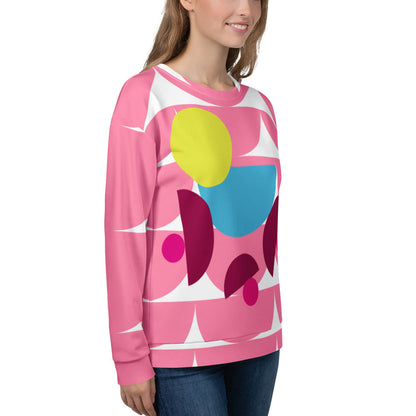 Good Wishes 365 women's pink recycled sweatshirt featuring a vibrant geometric mushroom graphic print