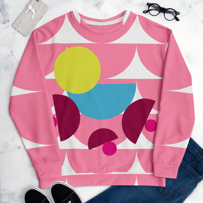 Good Wishes 365 pink recycled sweatshirt with a vibrant geometric mushroom graphic print and crew neck design.