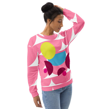 Good Wishes 365 pink recycled sweatshirt featuring a geometric mushroom graphic print on a woman with a hair bun.