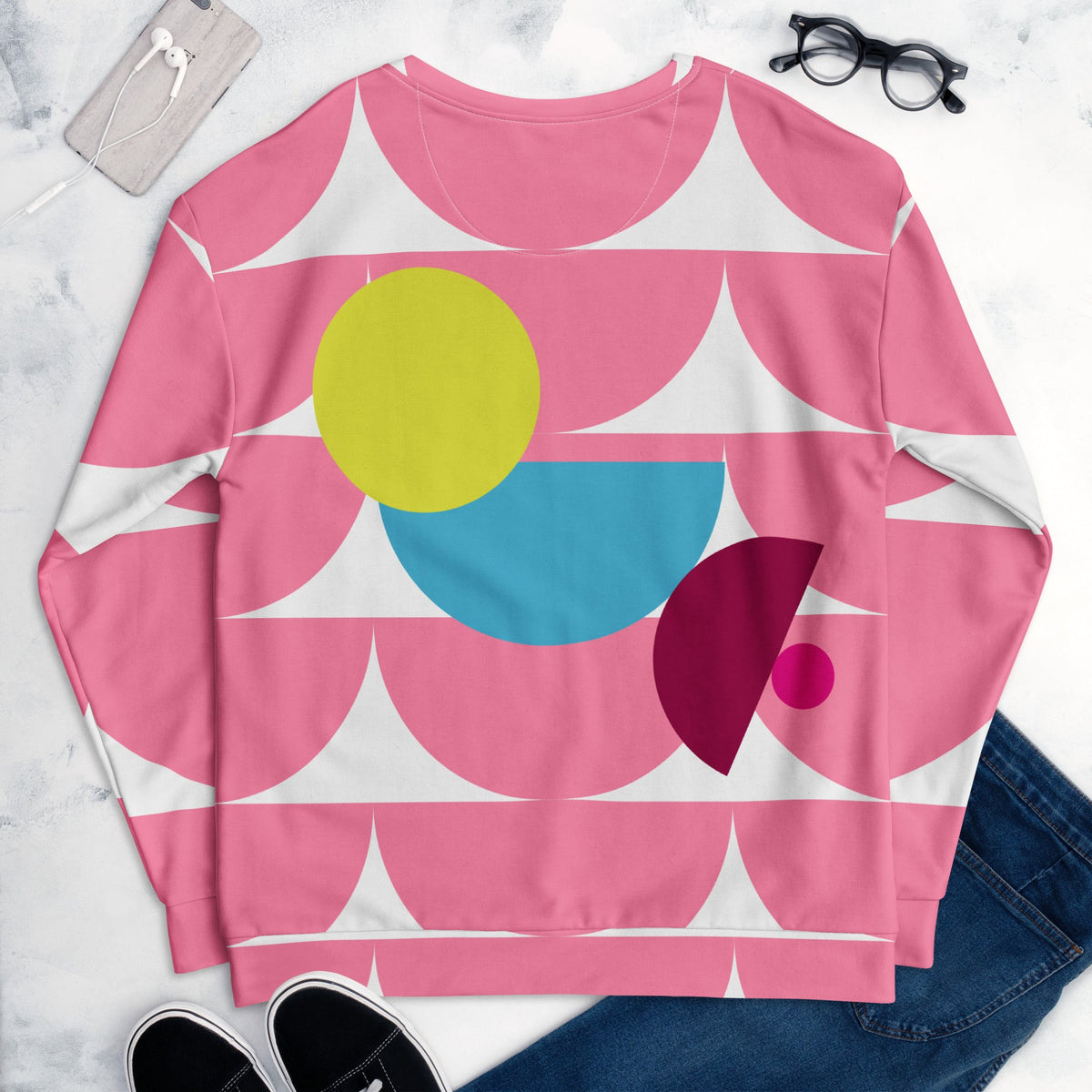 Good Wishes 365 pink recycled sweatshirt with geometric mushroom graphic print, crew neck, and relaxed fit.