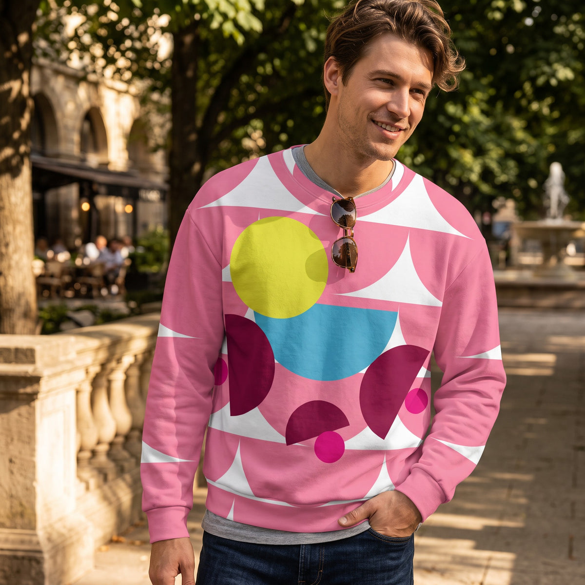 Good Wishes 365 pink recycled sweatshirt with geometric mushroom graphic print worn by a man in an outdoor setting.