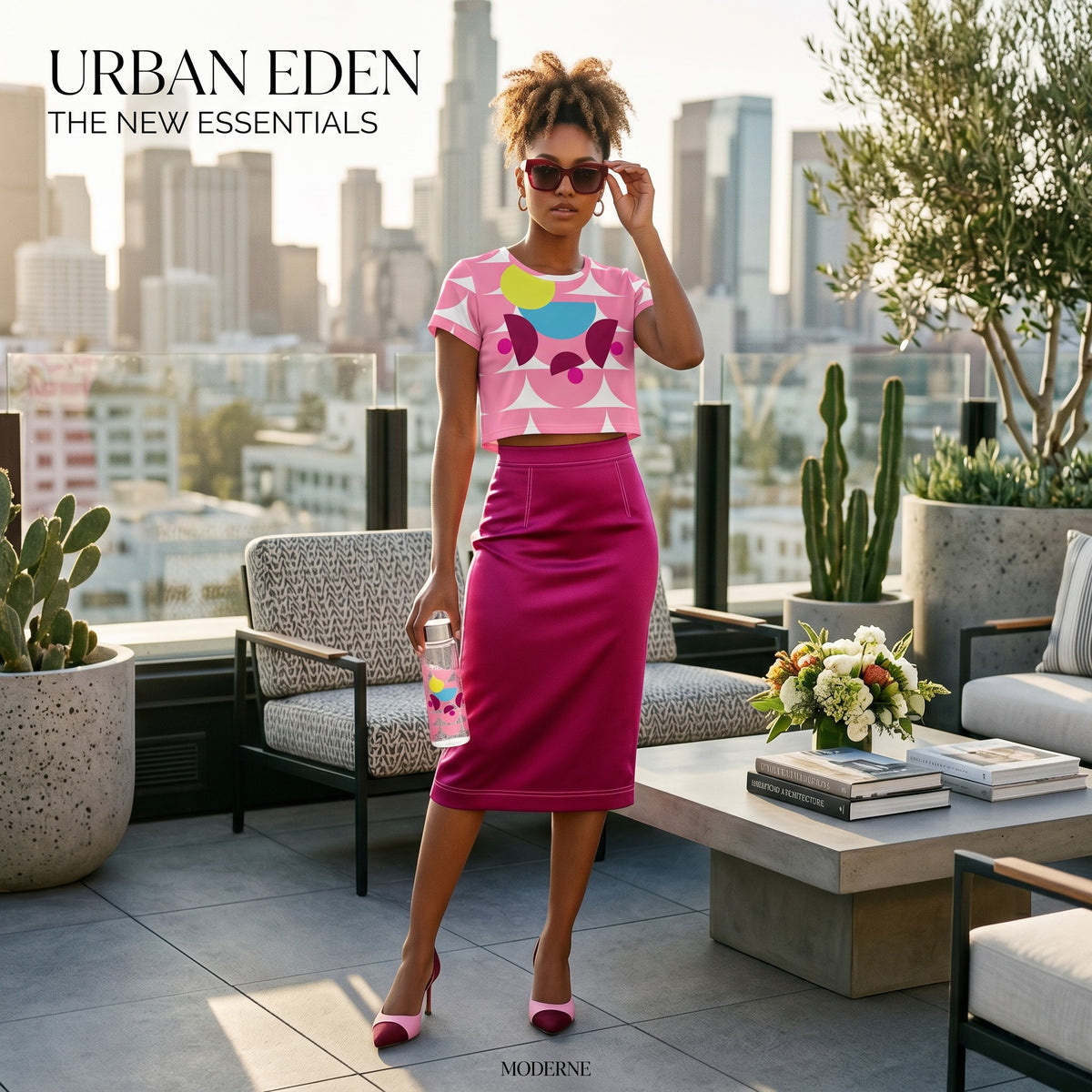 Good Wishes 365 pink mushroom print crop tee worn by a woman on a city rooftop terrace with a matching water bottle.