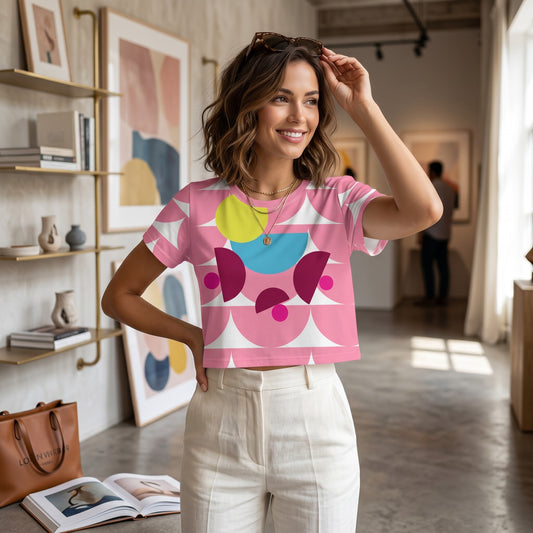 Good Wishes 365 pink mushroom print crop tee worn by a woman in a bright studio with white trousers.