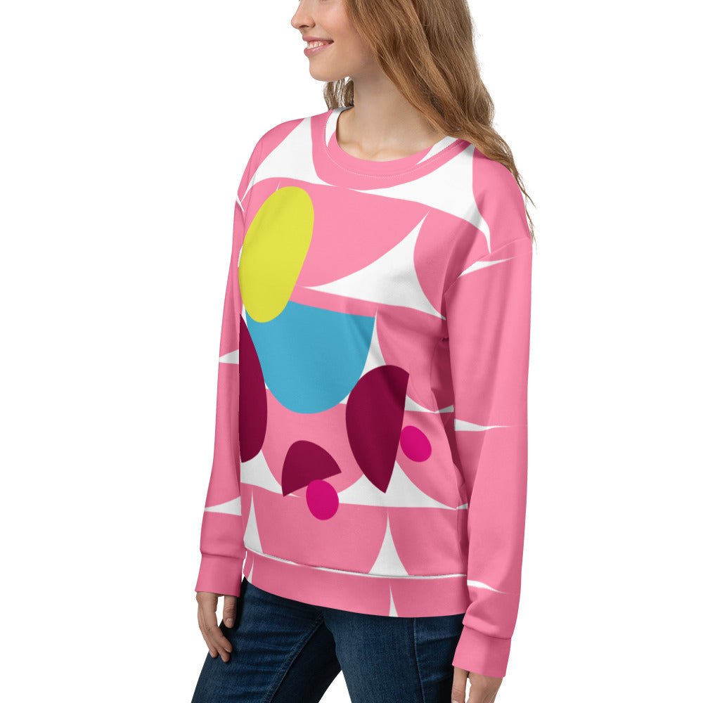 Good Wishes 365 women's pink recycled sweatshirt featuring a vibrant geometric mushroom graphic print