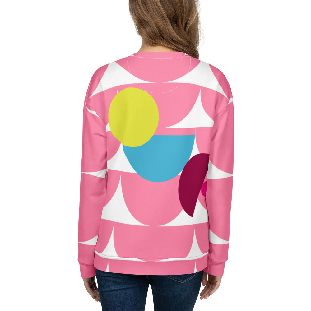 Back view of Good Wishes 365 pink recycled sweatshirt featuring a vibrant geometric mushroom graphic print.
